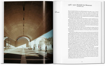 An open book displays a sunlit art museum corridor with arched ceilings, pictured next to text about the Kimbell Art Museum in Fort Worth, from “TASCHEN Louis I. Kahn” by TASCHEN—highlighting the architect’s iconic modernist work.