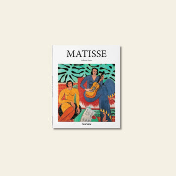 The TASCHEN Matisse book cover features vibrant Fauvist art by Henri Matisse, with two women—one in yellow, one in blue—guitar, and leafy patterns. Published by TASCHEN.