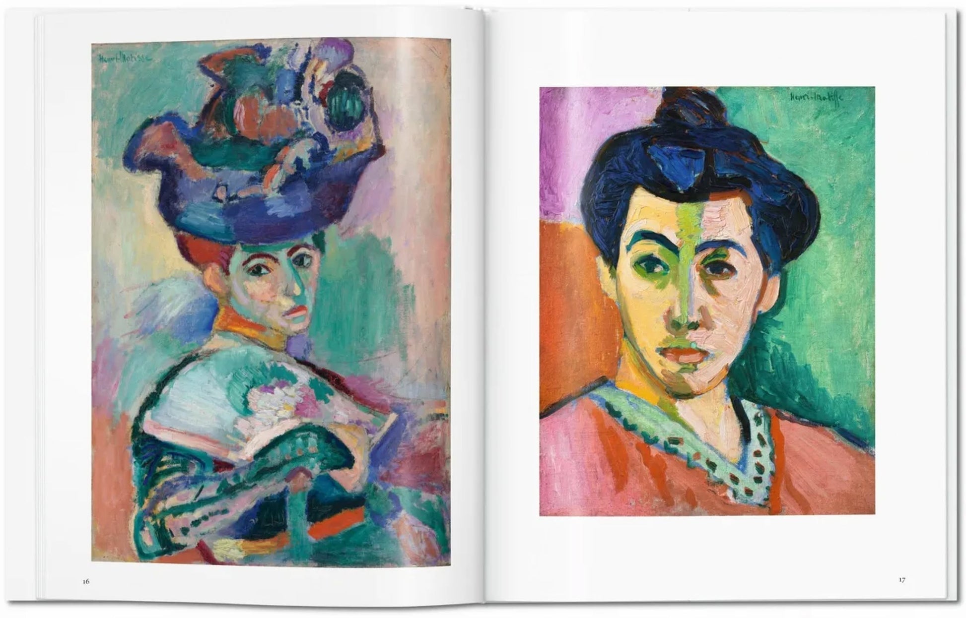 An open TASCHEN Matisse art book by TASCHEN displays two vibrant Fauvist portraits—one of a woman in a hat, the other with vivid colors and bold brushwork inspired by Henri Matisse’s iconic style.