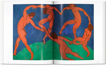 TASCHEN Matisse by TASCHEN showcases Henri Matisses iconic modern art featuring five dancing nude figures with reddish skin on green grass and a blue background, exemplifying Fauvist style.