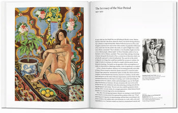 The TASCHEN Matisse art book by TASCHEN features a Fauvist painting of a nude woman in Matisse’s style on the left page, while the right shows text and a black-and-white sketch of a similar female figure.