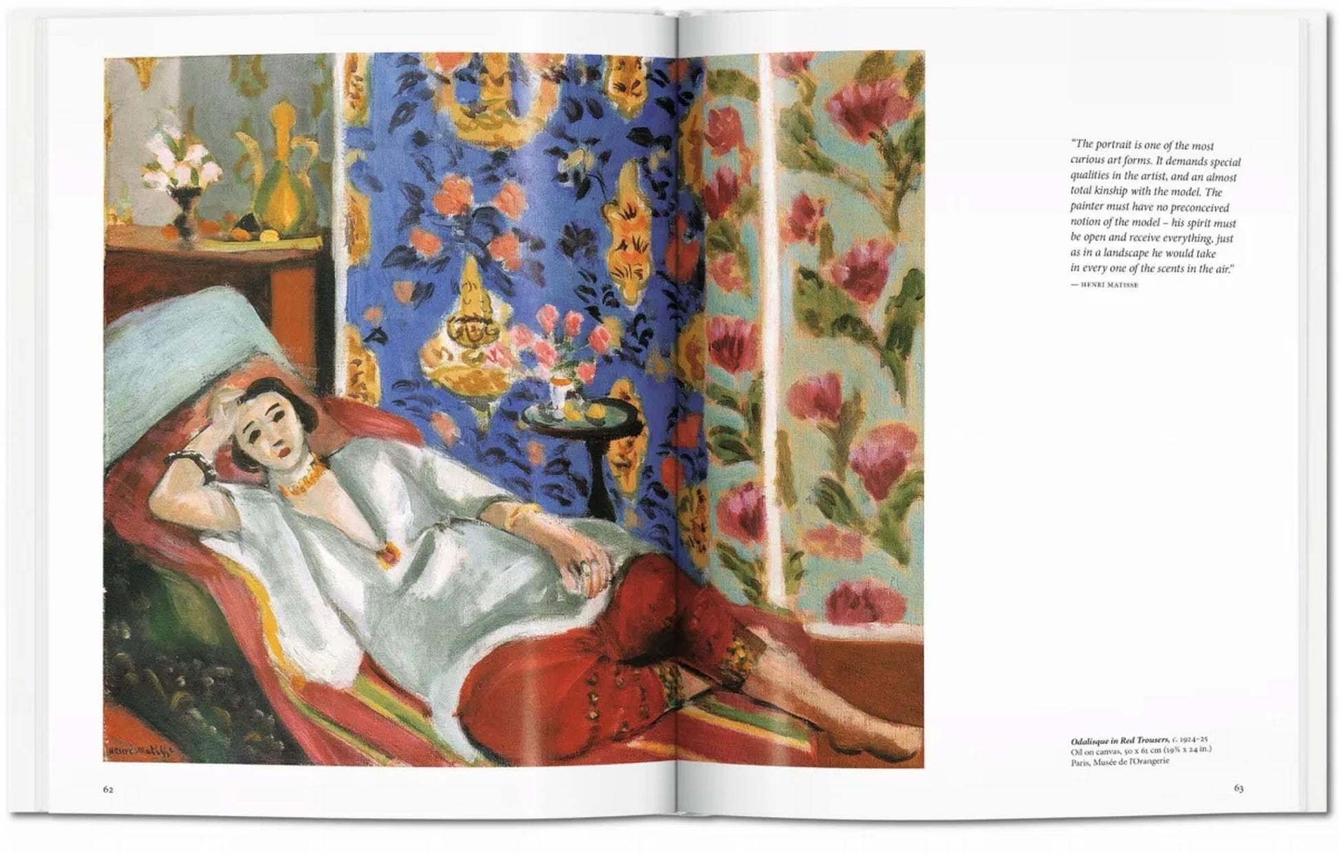 An open TASCHEN Matisse art book from TASCHEN shows a vibrant painting of a reclining woman in white among patterned textiles, reminiscent of Henri Matisse’s Fauvist style, with a quote and description on the facing page.