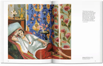 An open TASCHEN Matisse art book from TASCHEN shows a vibrant painting of a reclining woman in white among patterned textiles, reminiscent of Henri Matisse’s Fauvist style, with a quote and description on the facing page.
