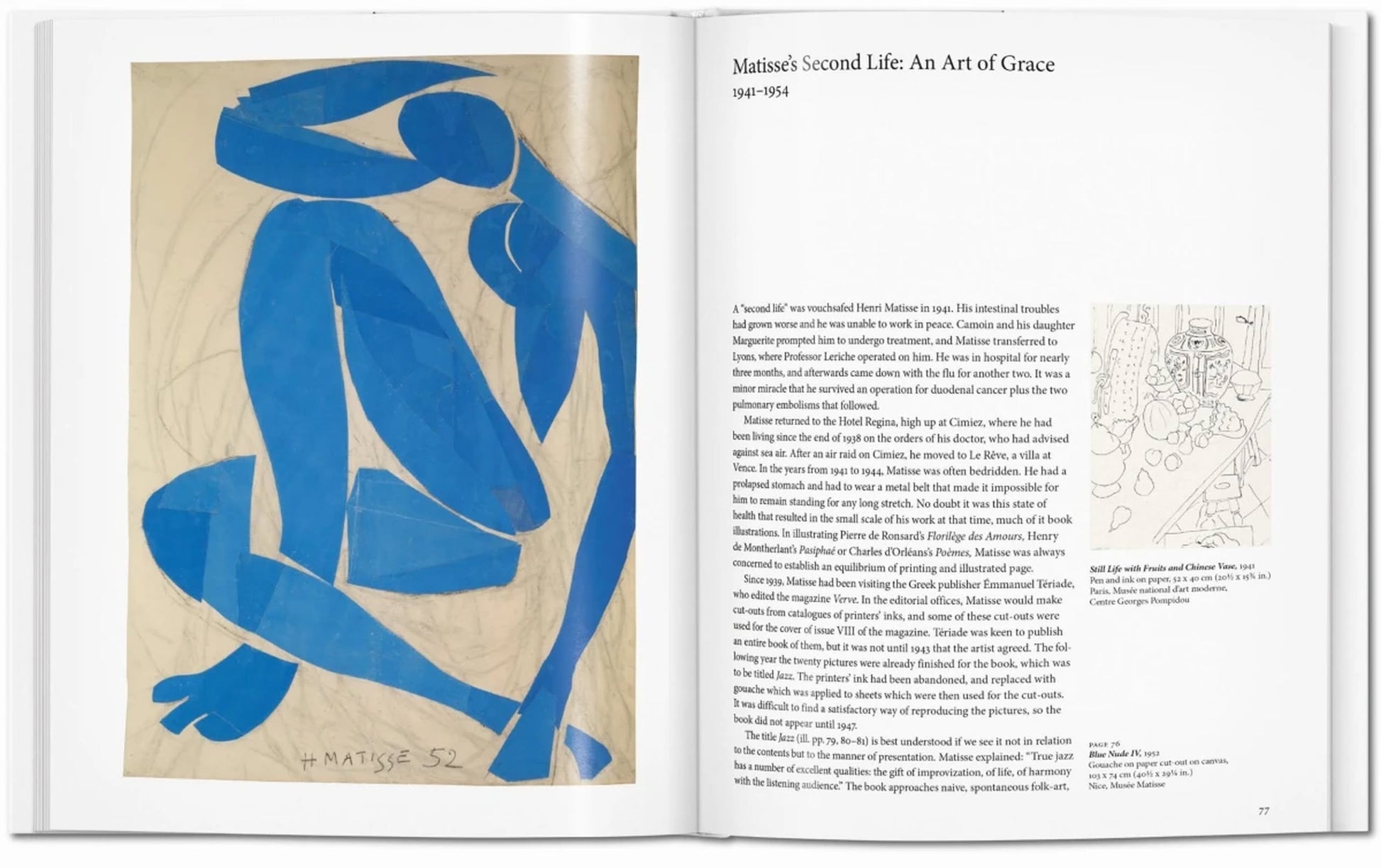The TASCHEN Matisse art book by TASCHEN shows Matisse’s blue cut-out crouching figure on the left page and text titled “Matisse’s Second Life: An Art of Grace” with a small sketch on the right, honoring his modern art legacy.