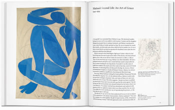 The TASCHEN Matisse art book by TASCHEN shows Matisse’s blue cut-out crouching figure on the left page and text titled “Matisse’s Second Life: An Art of Grace” with a small sketch on the right, honoring his modern art legacy.