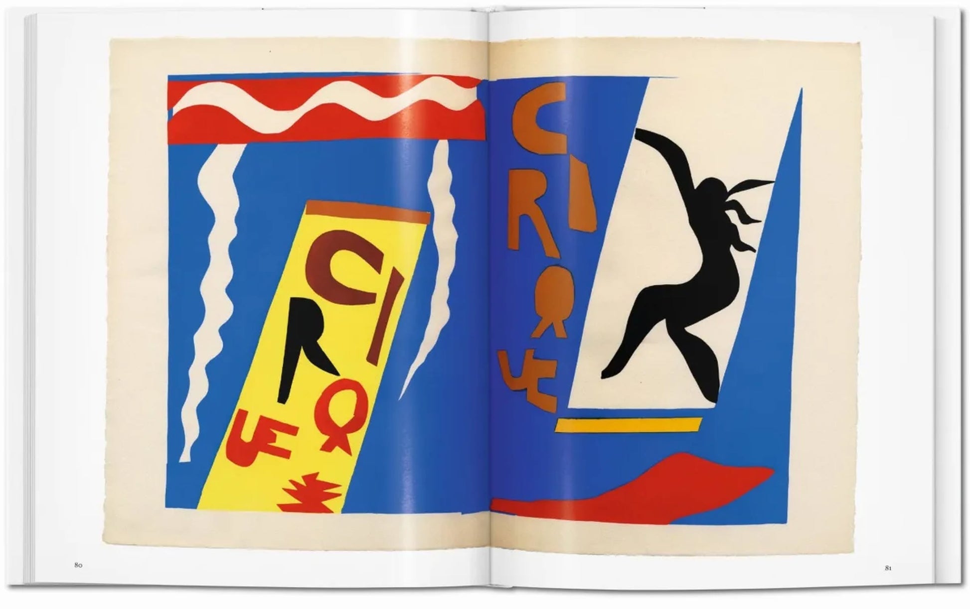 A vibrant abstract collage inspired by Fauvist styles in TASCHEN Matisse, with bold shapes, “Cirque” text in yellow and black, wavy lines, a circus performer silhouette, and vivid blue, red, and yellow backgrounds. From TASCHEN.