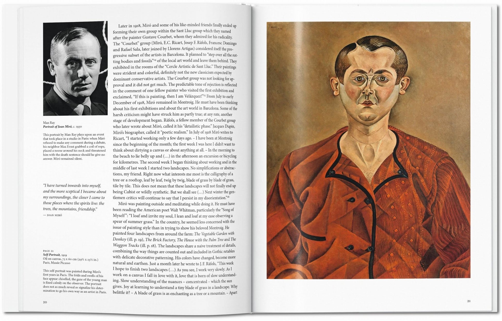 An open TASCHEN Miró art book from TASCHEN shows a black-and-white portrait with text on the left, and on the right, a vivid cubist-style painting inspired by 20th-century art portrays a man in a red robe with exaggerated features.