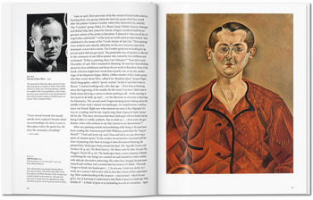 An open TASCHEN Miró art book from TASCHEN shows a black-and-white portrait with text on the left, and on the right, a vivid cubist-style painting inspired by 20th-century art portrays a man in a red robe with exaggerated features.