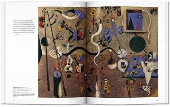 A spread from TASCHEN Miró by TASCHEN displays an abstract, surrealist painting with whimsical shapes and vivid colors; the left page features a quote and artwork details, celebrating Joan Mirós iconic 20th-century art.