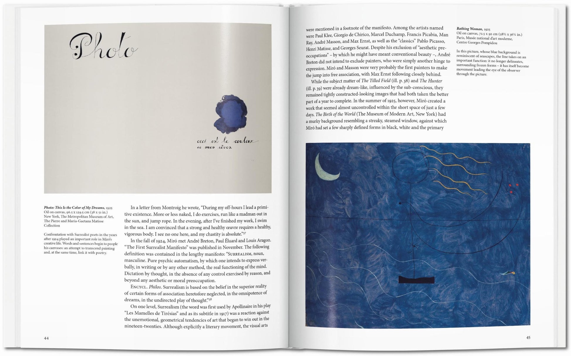 Two-page book spread from TASCHEN Miró: the left page displays Surrealist art labeled Photo with a blue circle and text; the right page features Joan Miró-inspired blue abstract art with white/red lines and two columns of text above it.