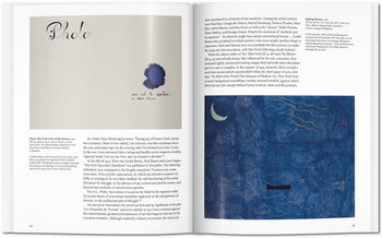 Two-page book spread from TASCHEN Miró: the left page displays Surrealist art labeled Photo with a blue circle and text; the right page features Joan Miró-inspired blue abstract art with white/red lines and two columns of text above it.
