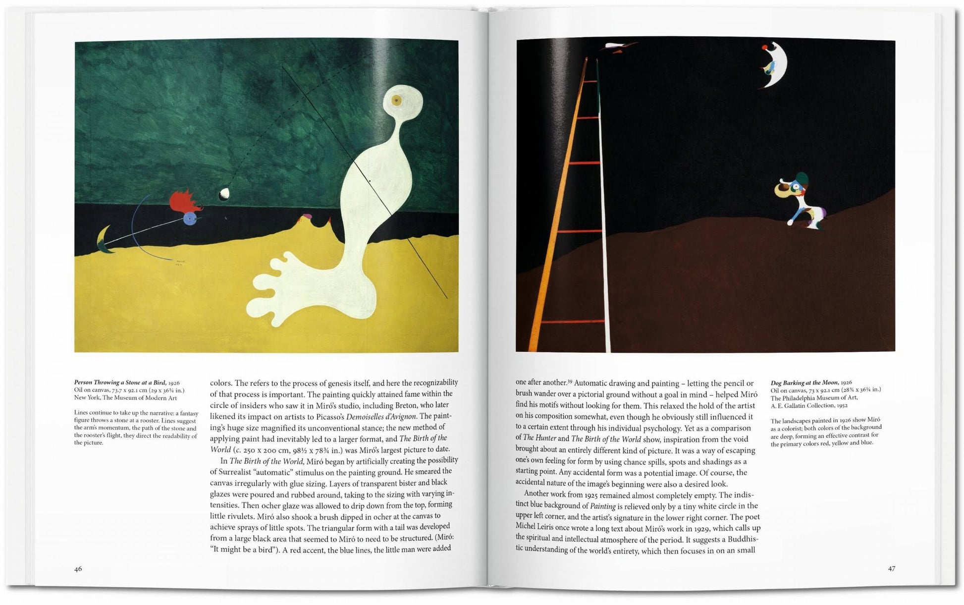 An open TASCHEN Miró book from TASCHEN reveals abstract Surrealist art: one page with a yellow beach and white, red, and blue figures; the other with a dark scene featuring a large ladder and a figure reaching for the moon.
