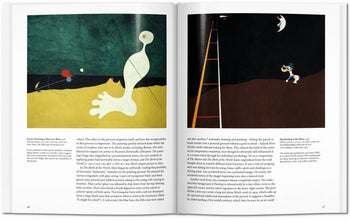 An open TASCHEN Miró book from TASCHEN reveals abstract Surrealist art: one page with a yellow beach and white, red, and blue figures; the other with a dark scene featuring a large ladder and a figure reaching for the moon.