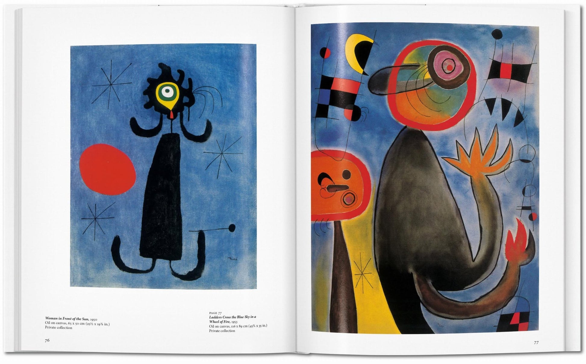 Two pages from TASCHEN Miró by TASCHEN display vibrant Surrealist art: the left shows a whimsical black figure with a yellow eye and red circle, evoking Joan Miró’s style; the right features surreal bird-like forms on a blue background.