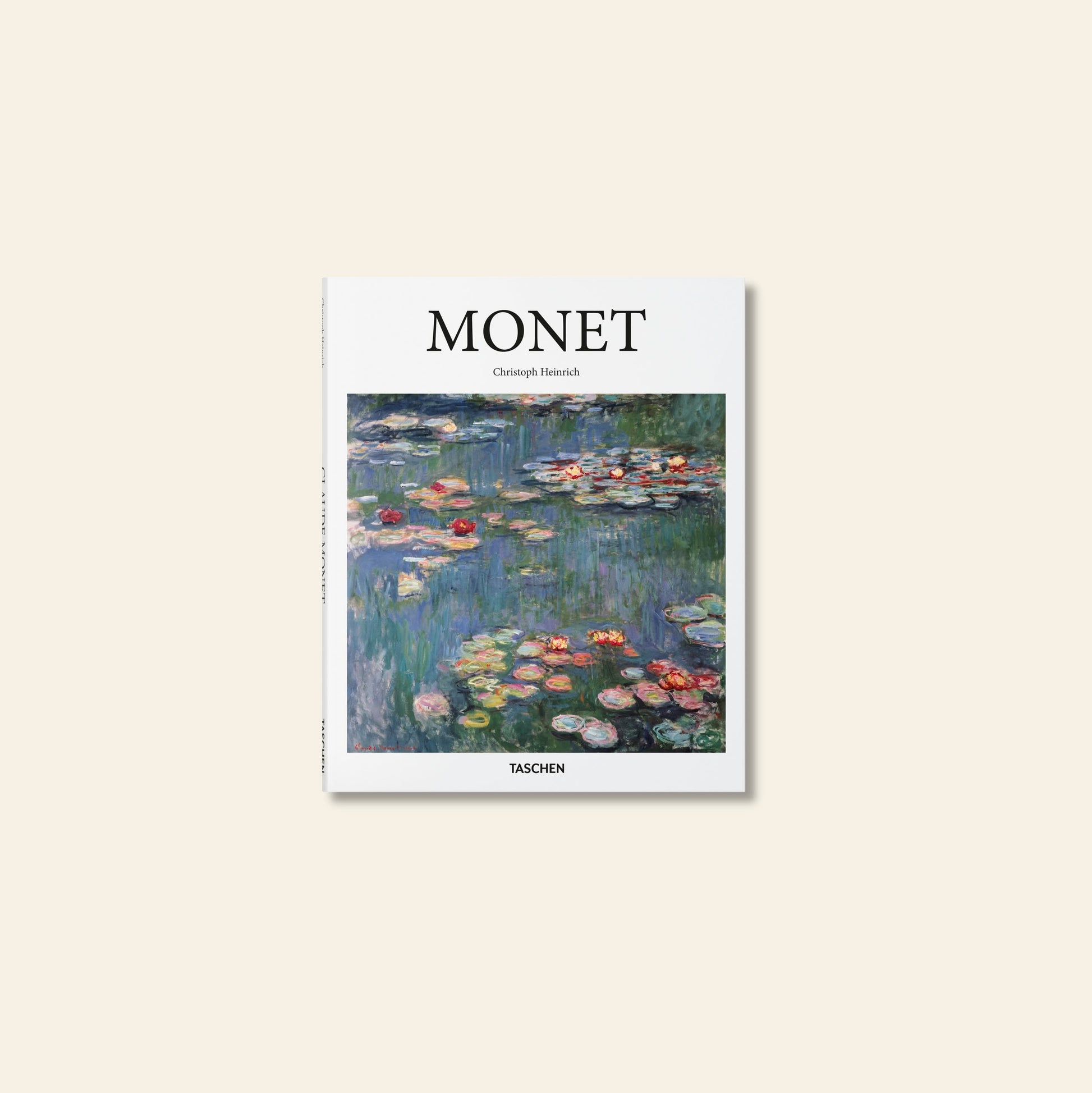 The TASCHEN Monet book features a cover with Claude Monet’s water lilies—green lily pads and pink flowers on a reflective pond. Published by TASCHEN, the background is beige.
