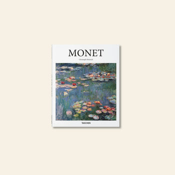 The TASCHEN Monet book features a cover with Claude Monet’s water lilies—green lily pads and pink flowers on a reflective pond. Published by TASCHEN, the background is beige.