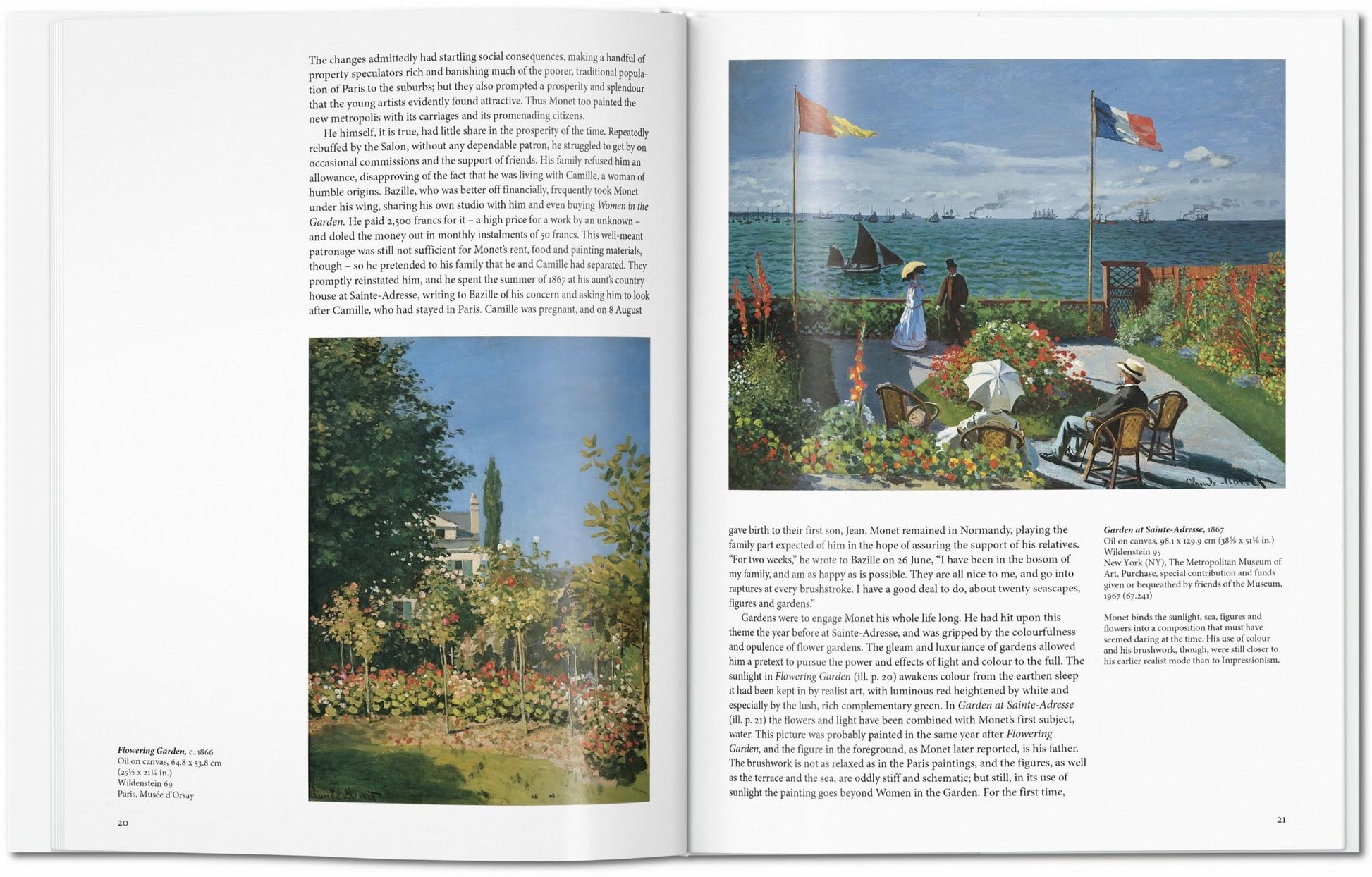 The TASCHEN Monet art book features text and a small garden painting on the left, with a large sailboat waterside scene by Claude Monet on the right—showcasing the impressionist masters legacy.