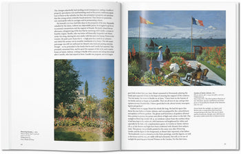 The TASCHEN Monet art book features text and a small garden painting on the left, with a large sailboat waterside scene by Claude Monet on the right—showcasing the impressionist masters legacy.