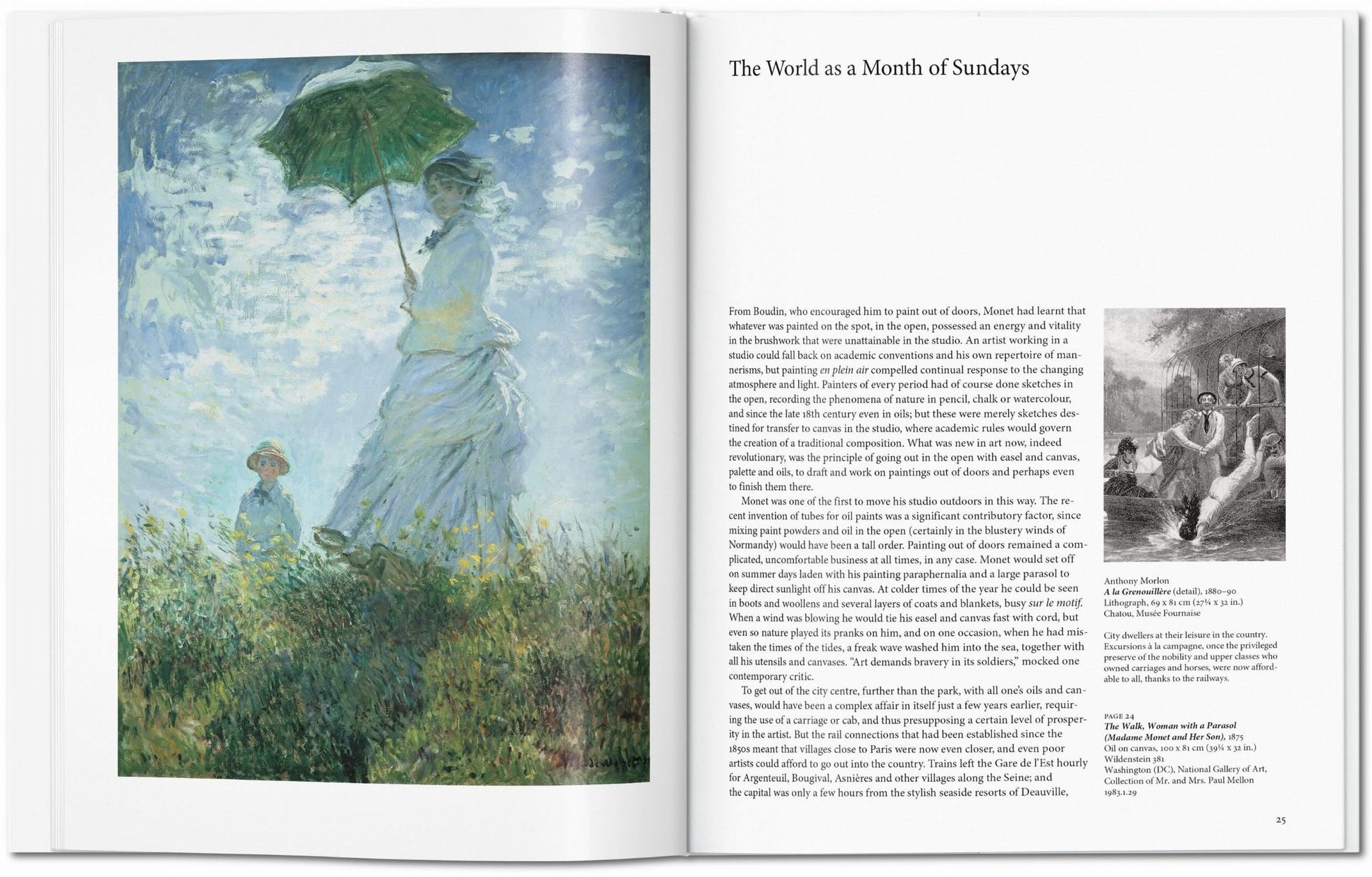 A TASCHEN Monet book by TASCHEN lies open, featuring Claude Monet’s painting of a woman with a green umbrella and child in a field on the left, with “The World as a Month of Sundays” text and small illustrations on the right.