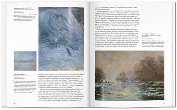 The TASCHEN Monet art book from TASCHEN showcases Impressionist paintings with descriptive text—Monet’s works appear on the left page, while the right page presents a landscape and insightful art history commentary.