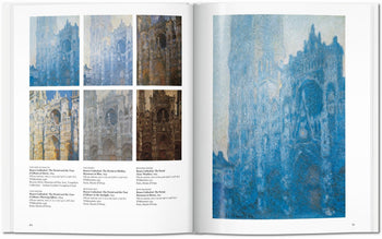 The TASCHEN Monet art book by TASCHEN features several impressionist paintings of a cathedral facade, with six images and captions on the left page and a large, blue-toned masterpiece by Monet on the right.