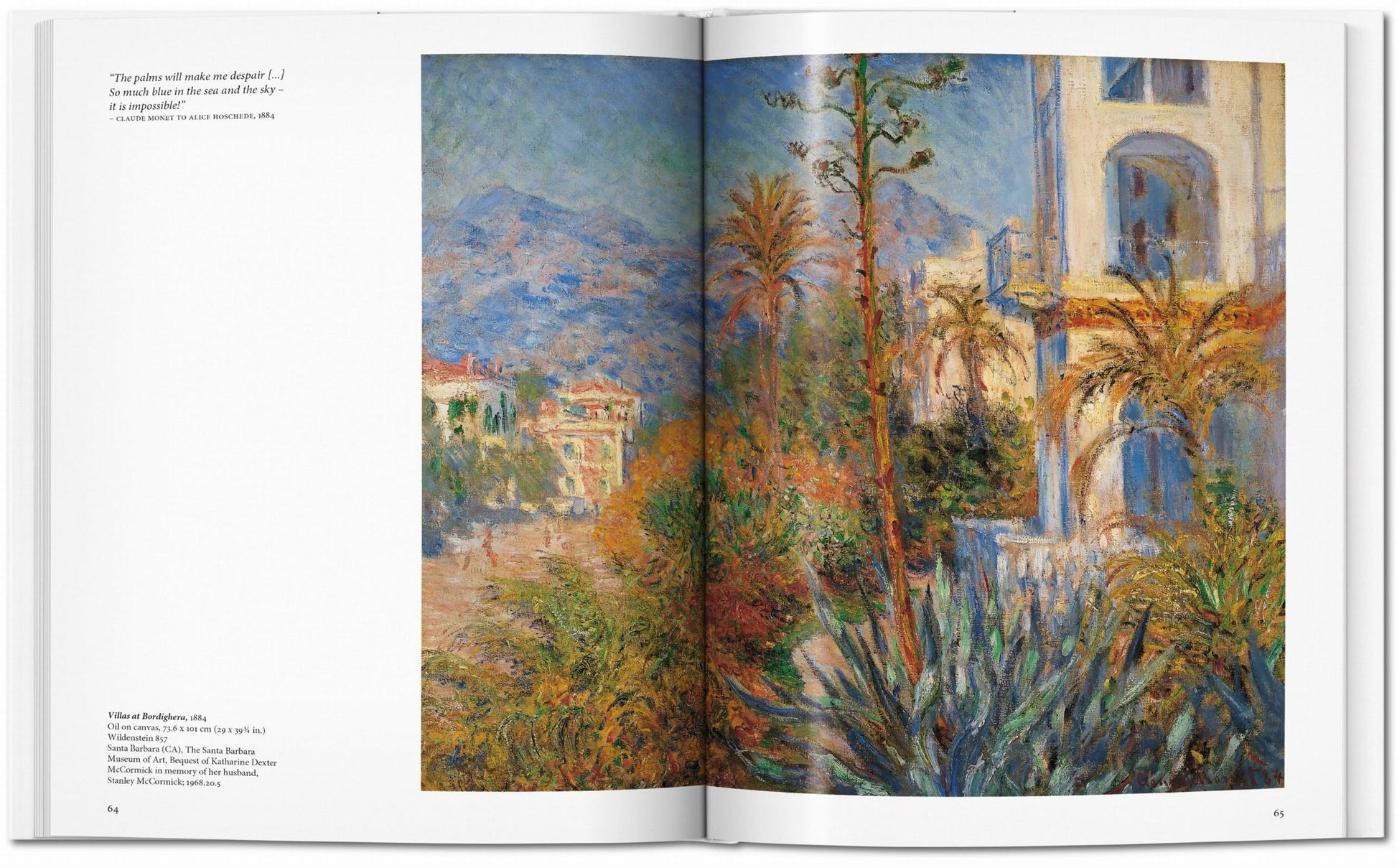 An open TASCHEN Monet art book from TASCHEN displays an Impressionist painting of a sunlit Mediterranean landscape with palm trees and mountains; art history notes and painting details are featured on the left page.