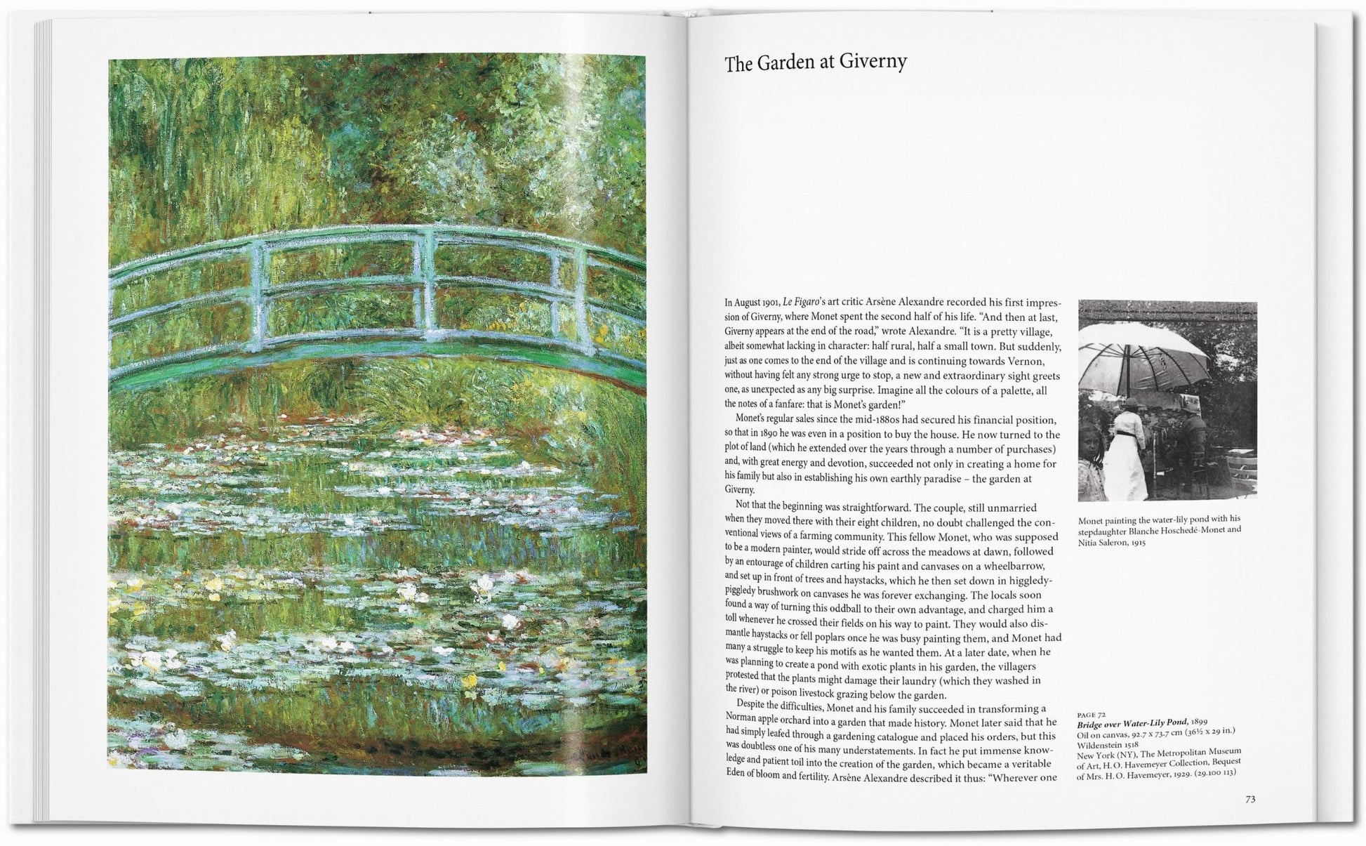 The open TASCHEN Monet book by TASCHEN features Monet’s Japanese bridge over a water lily pond on the left page and text about his Giverny garden plus a small photo of the artist painting outdoors on the right page.