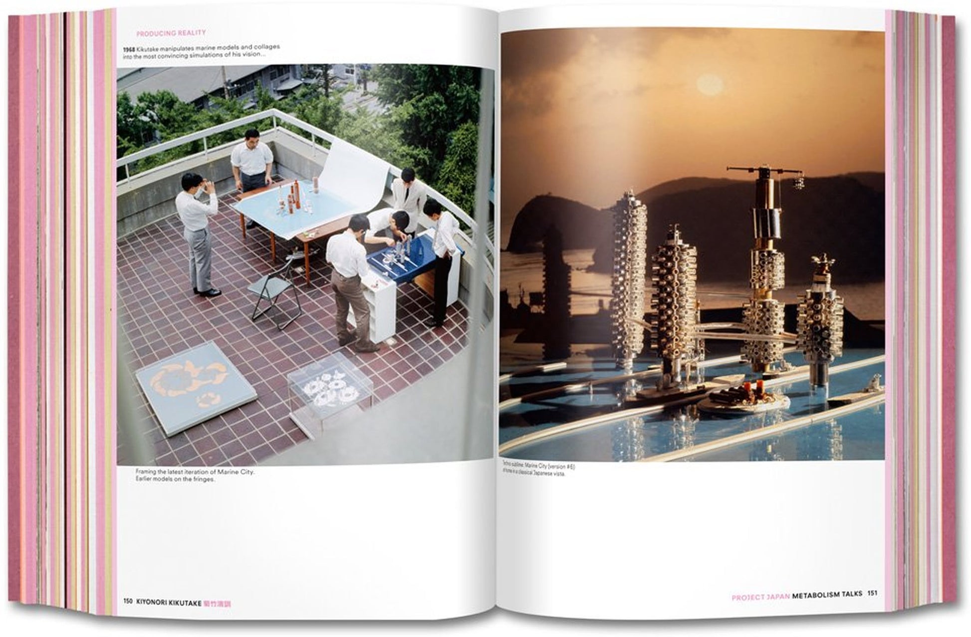 An open TASCHEN Project Japan: Metabolism Talks book shows people working on scale models outside on one page, and a close-up of futuristic Metabolism architecture by water at sunset on the other, highlighting innovative urban design.