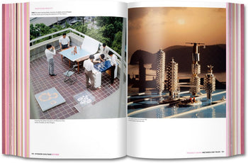 An open TASCHEN Project Japan: Metabolism Talks book shows people working on scale models outside on one page, and a close-up of futuristic Metabolism architecture by water at sunset on the other, highlighting innovative urban design.