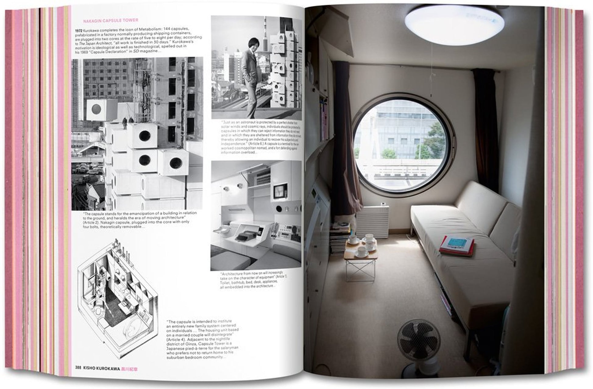 An open copy of TASCHEN’s Project Japan: Metabolism Talks shows Nakagin Capsule Tower—black-and-white photos and diagrams fill the left page, while a color photo of a compact room with a round window appears on the right.