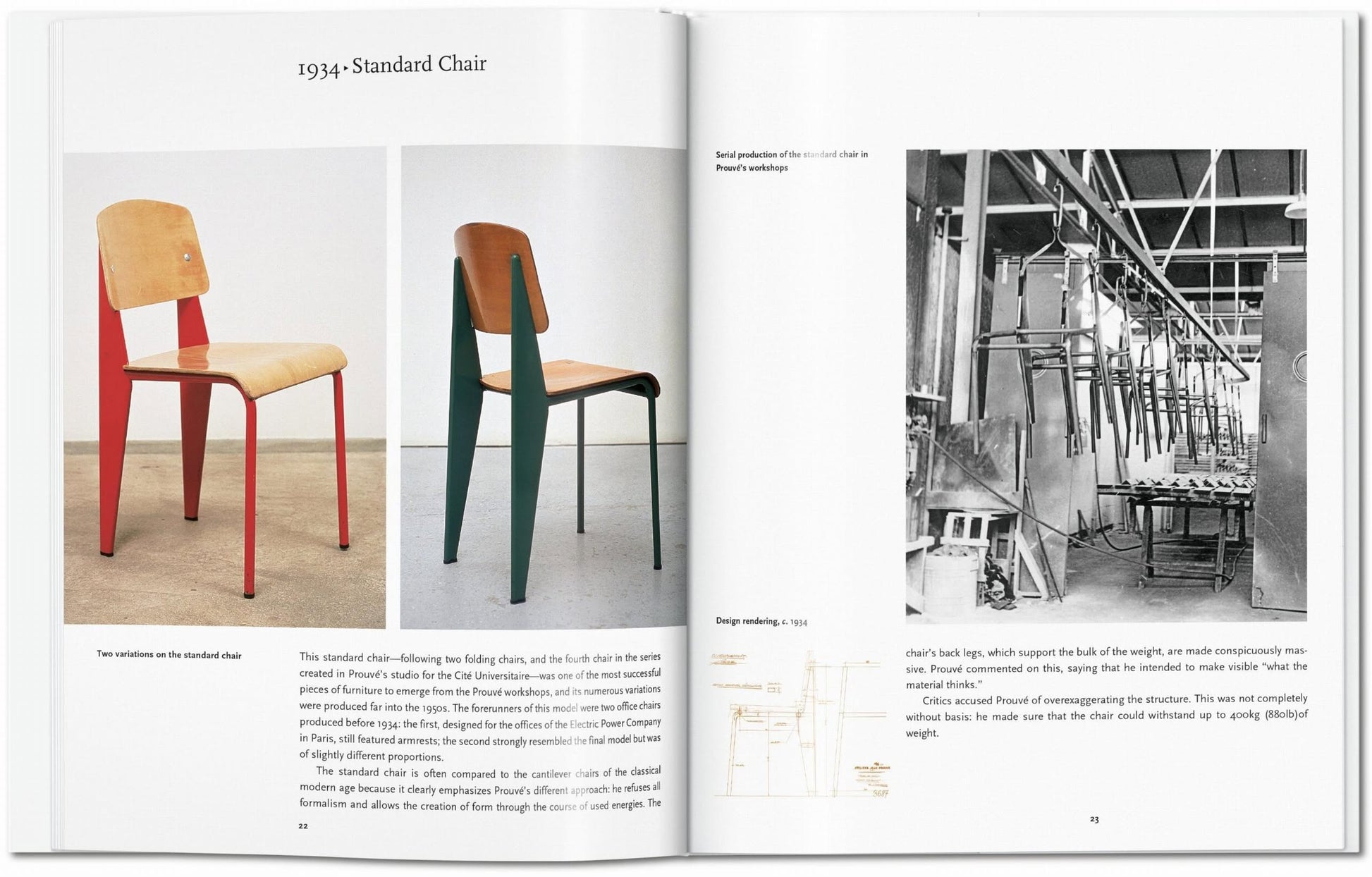 A TASCHEN Prouvé book spread by TASCHEN features two colored Jean Prouvé Standard Chairs beside a black-and-white factory photo, highlighting the innovation and legacy of midcentury design through sketches and text.
