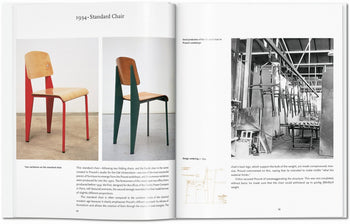A TASCHEN Prouvé book spread by TASCHEN features two colored Jean Prouvé Standard Chairs beside a black-and-white factory photo, highlighting the innovation and legacy of midcentury design through sketches and text.