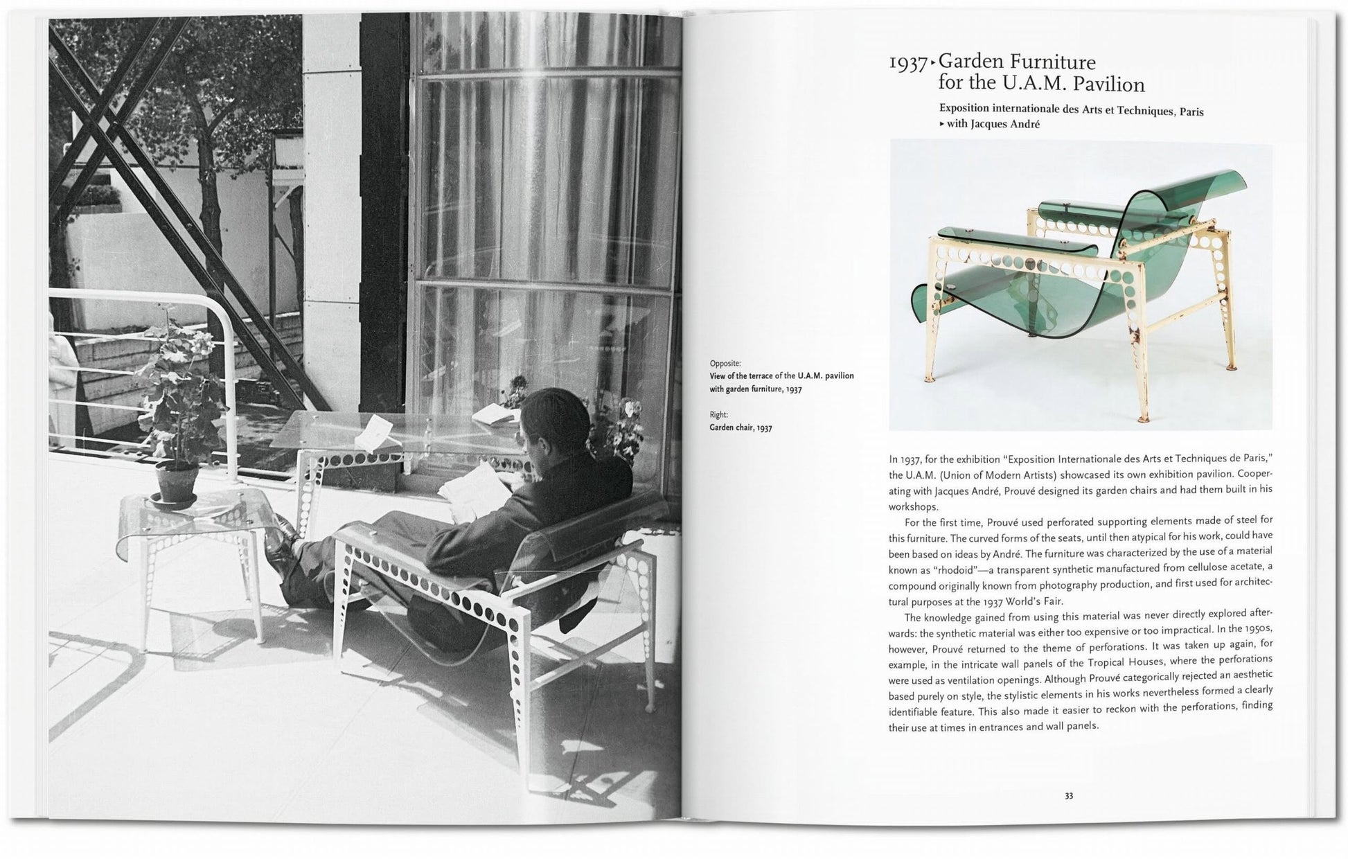 A black-and-white photo of a person reading on metal furniture fills the left page, while the right showcases Jean Prouvé’s green metal lounge chairs from the 1937 U.A.M. Pavilion, as featured in TASCHEN Prouvé by TASCHEN.