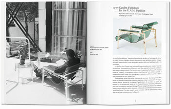 A black-and-white photo of a person reading on metal furniture fills the left page, while the right showcases Jean Prouvé’s green metal lounge chairs from the 1937 U.A.M. Pavilion, as featured in TASCHEN Prouvé by TASCHEN.