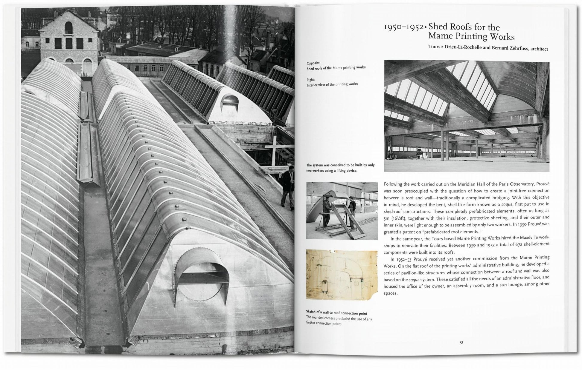 A black-and-white photo of curved shed roofs is shown on the left, while the right page from TASCHEN Prouvé highlights the 1950–1952 Marine Printing Works’ innovative midcentury shed-roof design inspired by Jean Prouvé.