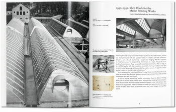 A black-and-white photo of curved shed roofs is shown on the left, while the right page from TASCHEN Prouvé highlights the 1950–1952 Marine Printing Works’ innovative midcentury shed-roof design inspired by Jean Prouvé.