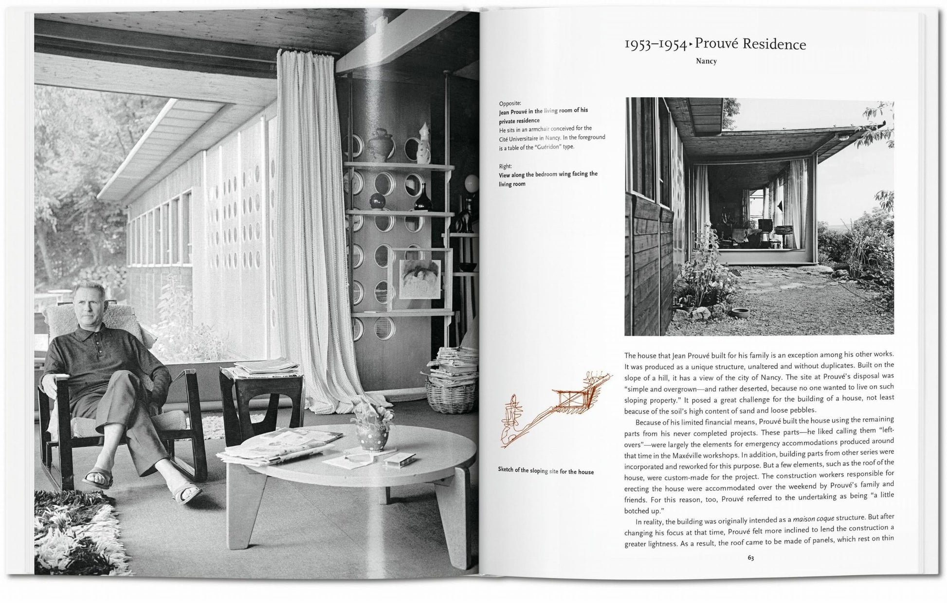 A black and white photo of a man in a midcentury living room and a book page from TASCHEN Prouvé featuring Jean Prouvé’s 1954–1955 Residence, with exterior shots, sketches, and text on his innovative materials.