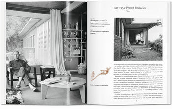 A black and white photo of a man in a midcentury living room and a book page from TASCHEN Prouvé featuring Jean Prouvé’s 1954–1955 Residence, with exterior shots, sketches, and text on his innovative materials.