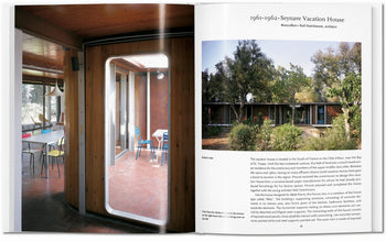 The TASCHEN Prouvé book by TASCHEN displays a midcentury vacation house with wood interiors and large windows on the left, inspired by Jean Prouvé, and an exterior photo among trees on the right, with descriptive text below.