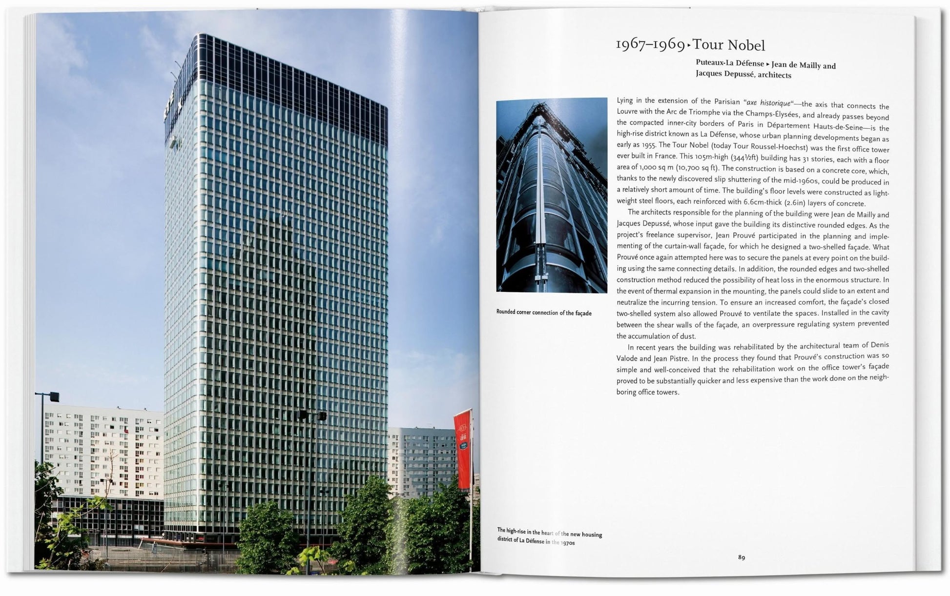 The TASCHEN Prouvé book by TASCHEN shows a tall glass skyscraper photo alongside text and a detailed image, showcasing midcentury design innovation in Frances 1967–1969 Tour Nobel building.
