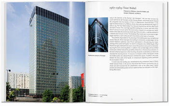 The TASCHEN Prouvé book by TASCHEN shows a tall glass skyscraper photo alongside text and a detailed image, showcasing midcentury design innovation in Frances 1967–1969 Tour Nobel building.