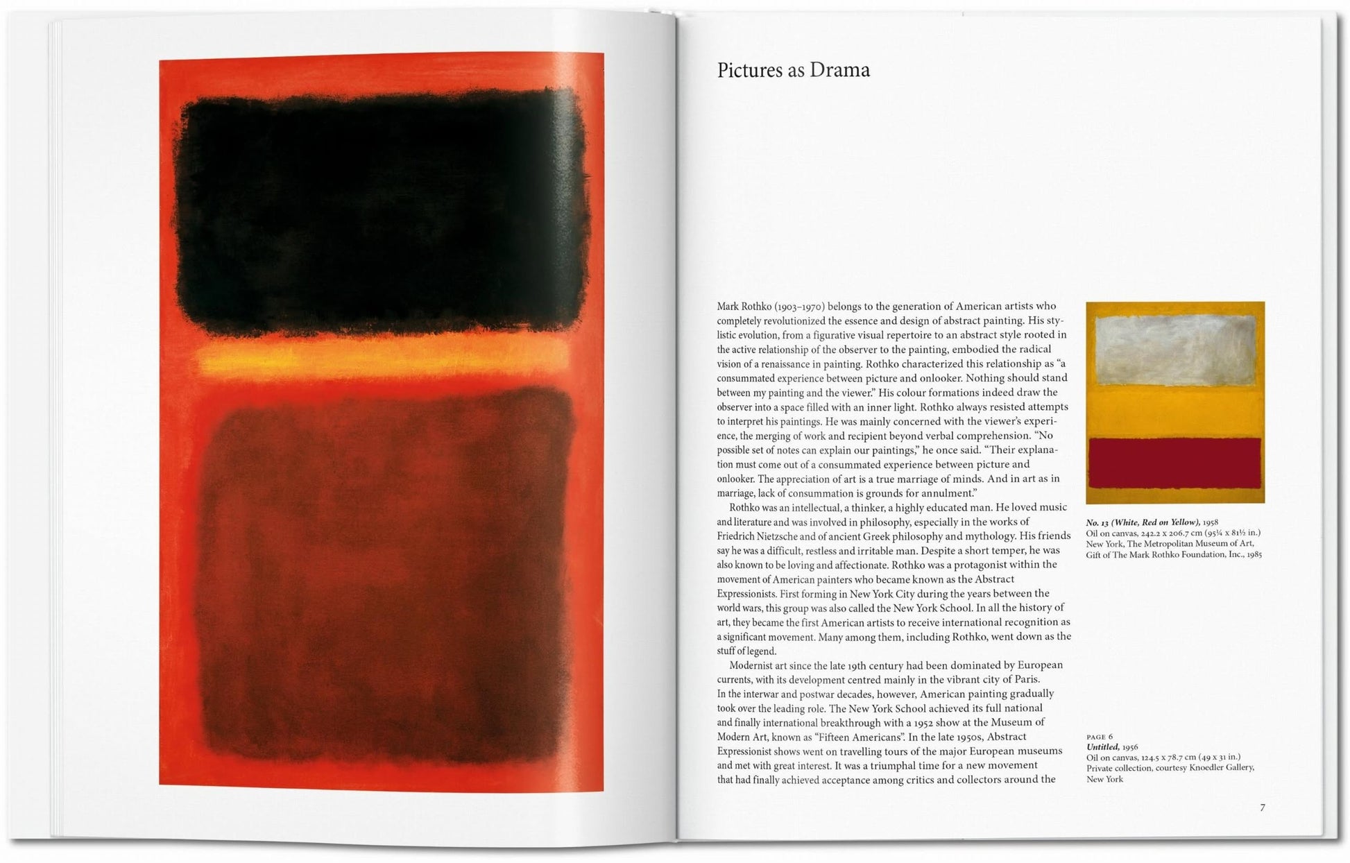 An open TASCHEN Rothko art book displays bold black, red, and orange rectangles on the left page, capturing Abstract Expressionism; the right page shows text titled Pictures as Drama with a small color image. Brand: TASCHEN.