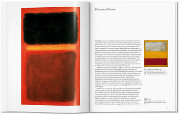 An open TASCHEN Rothko art book displays bold black, red, and orange rectangles on the left page, capturing Abstract Expressionism; the right page shows text titled Pictures as Drama with a small color image. Brand: TASCHEN.