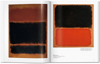 An open TASCHEN Rothko art book by TASCHEN shows two abstract paintings featuring large red, orange, and black color blocks with soft edges. Captions with artwork details appear below each image.