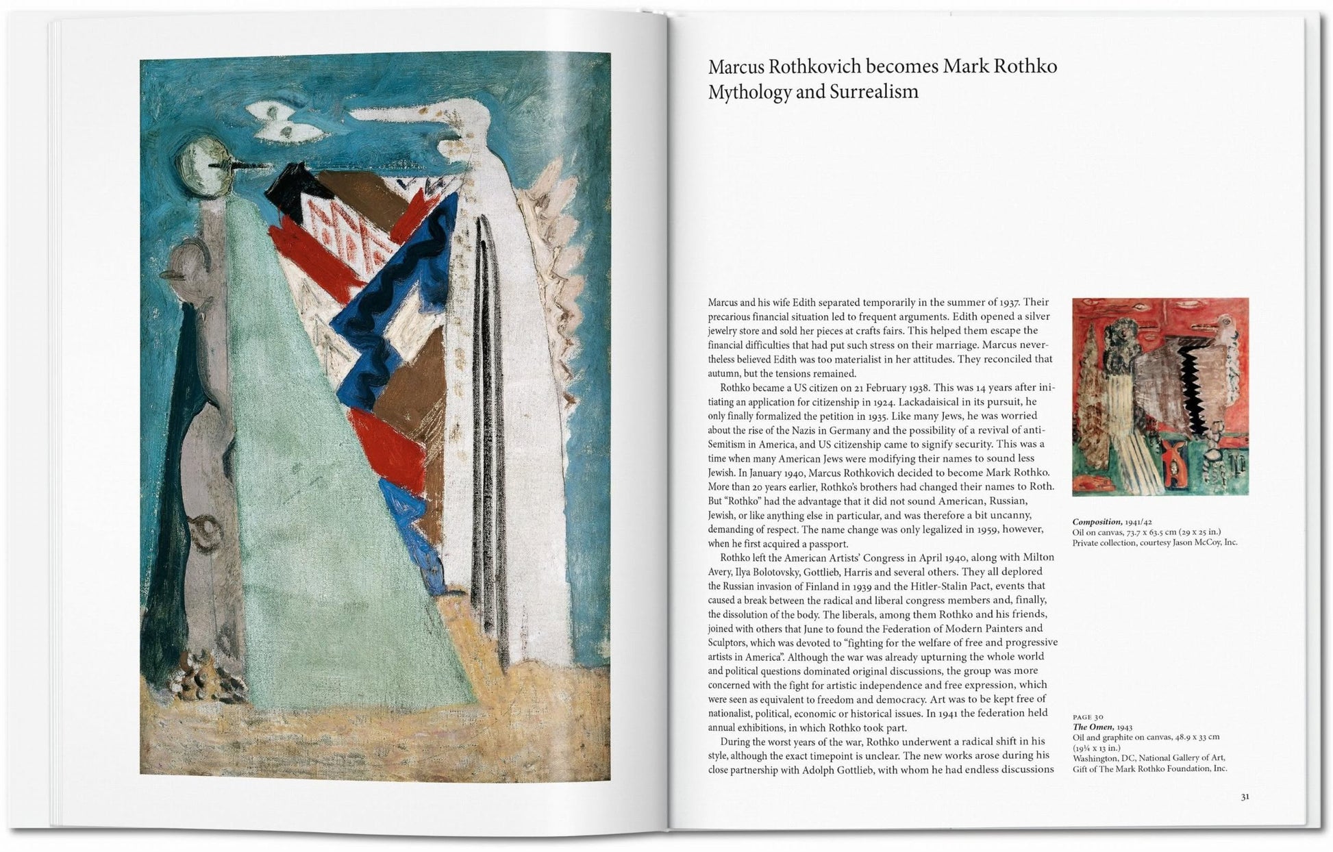 The TASCHEN Rothko art book by TASCHEN lies open, revealing abstract figures, geometric shapes, and muted colors. The right page presents a smaller work, text on Mark Rothko, and a Mythology and Surrealism section.