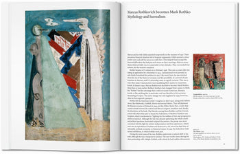 The TASCHEN Rothko art book by TASCHEN lies open, revealing abstract figures, geometric shapes, and muted colors. The right page presents a smaller work, text on Mark Rothko, and a Mythology and Surrealism section.