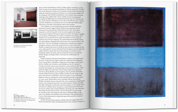 A TASCHEN Rothko book spread shows two small black-and-white gallery photos on the left and a full-page reproduction of Mark Rothko’s emotive abstract painting in dark purple and blue on the right. Brand: TASCHEN.