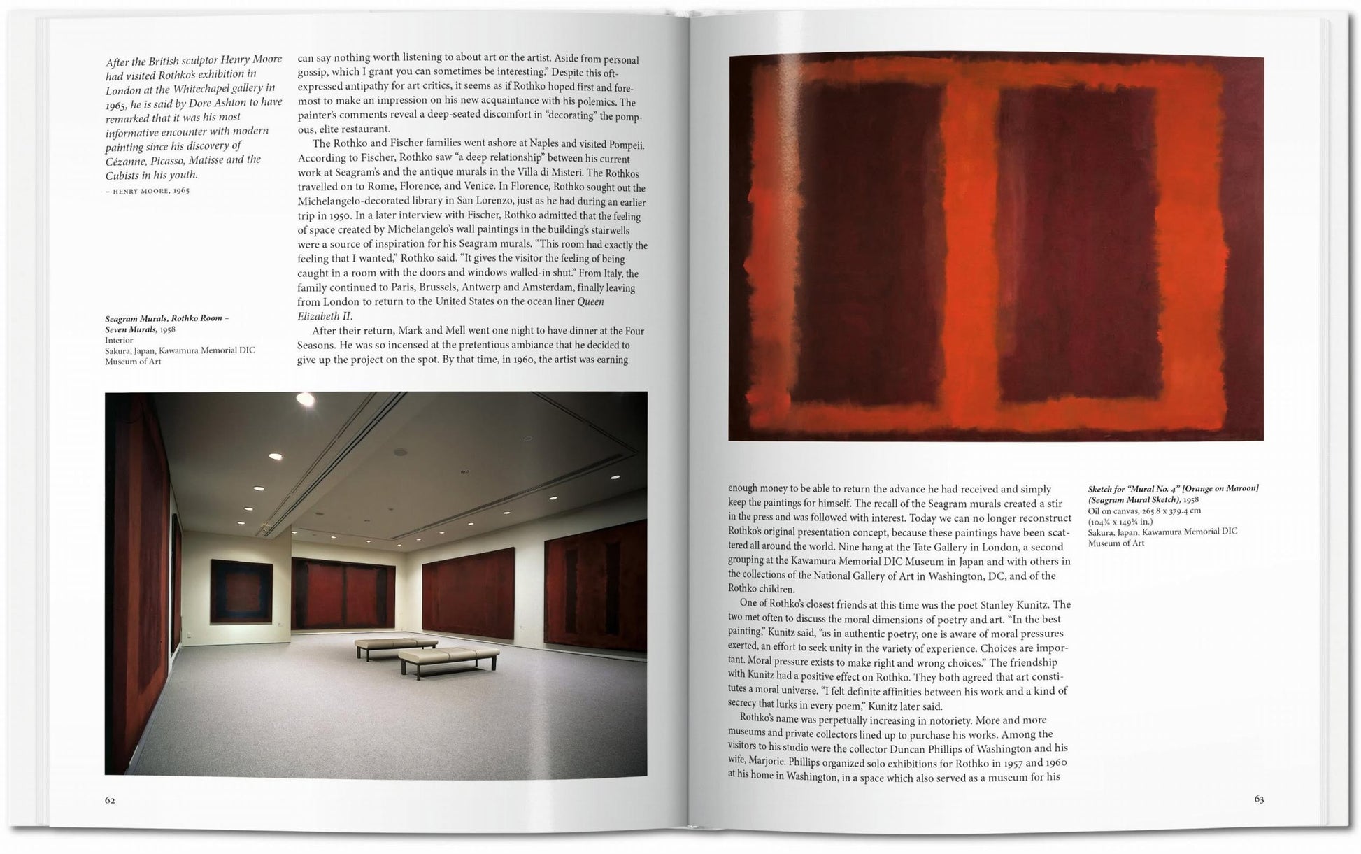 An open TASCHEN Rothko book from TASCHEN shows text and a photo of an art gallery with four large red and black Abstract Expressionist paintings, reminiscent of Mark Rothko, and a white bench centered in the room.