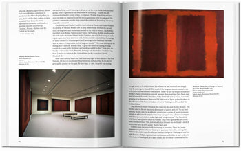 An open TASCHEN Rothko book from TASCHEN shows text and a photo of an art gallery with four large red and black Abstract Expressionist paintings, reminiscent of Mark Rothko, and a white bench centered in the room.