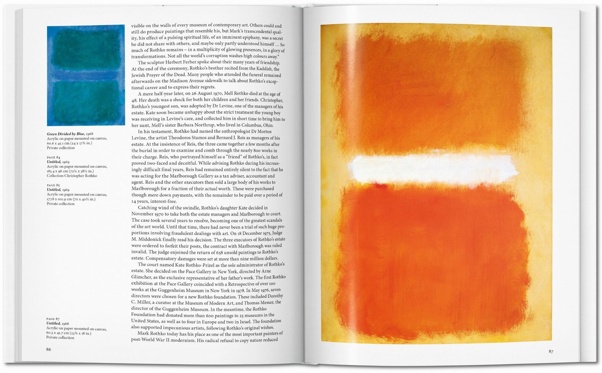 An open TASCHEN Rothko art book by TASCHEN features a blue Mark Rothko painting with text on the left page and an orange Abstract Expressionist painting with a white stripe on the right, highlighting Rothko’s emotional abstraction style.
